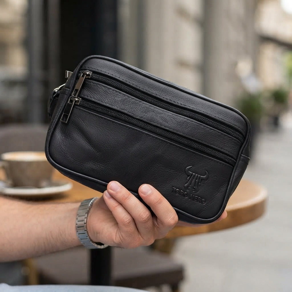 Herrengürteltasche aus schwarzem Echtleder Hand- und Gürtelträger