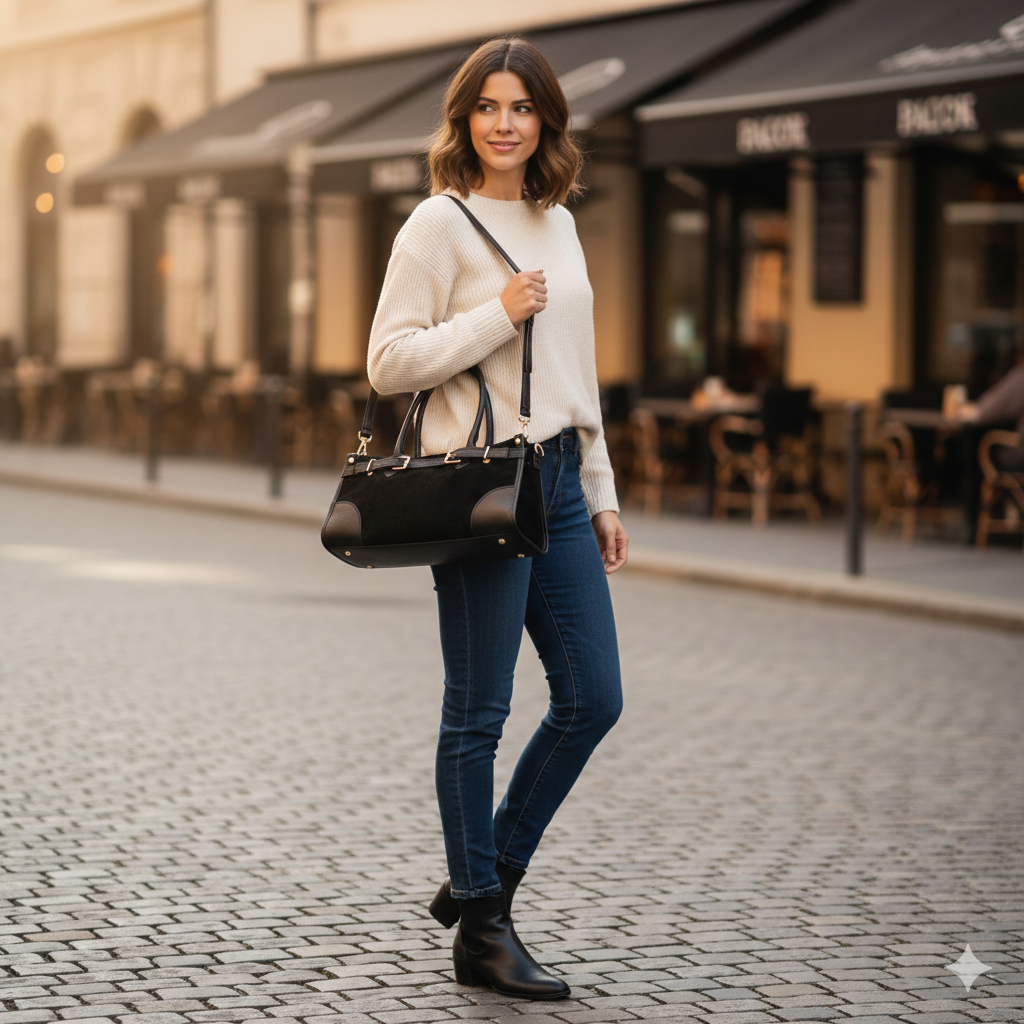 Borsa da donna in pelle naturale nera Evelin