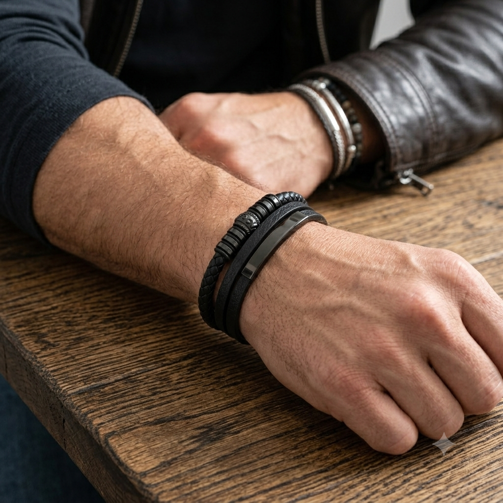 Bratara barbati din piele naturala negru Titan